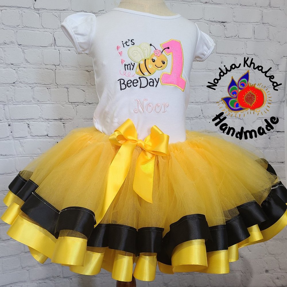 girl bday outfit personalized embroidered shirt & handmade tulle and ribbon tutu
